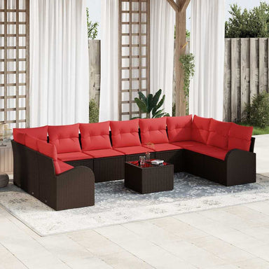 Tuinbankenset 11 st Bruin en Rood poly rattan