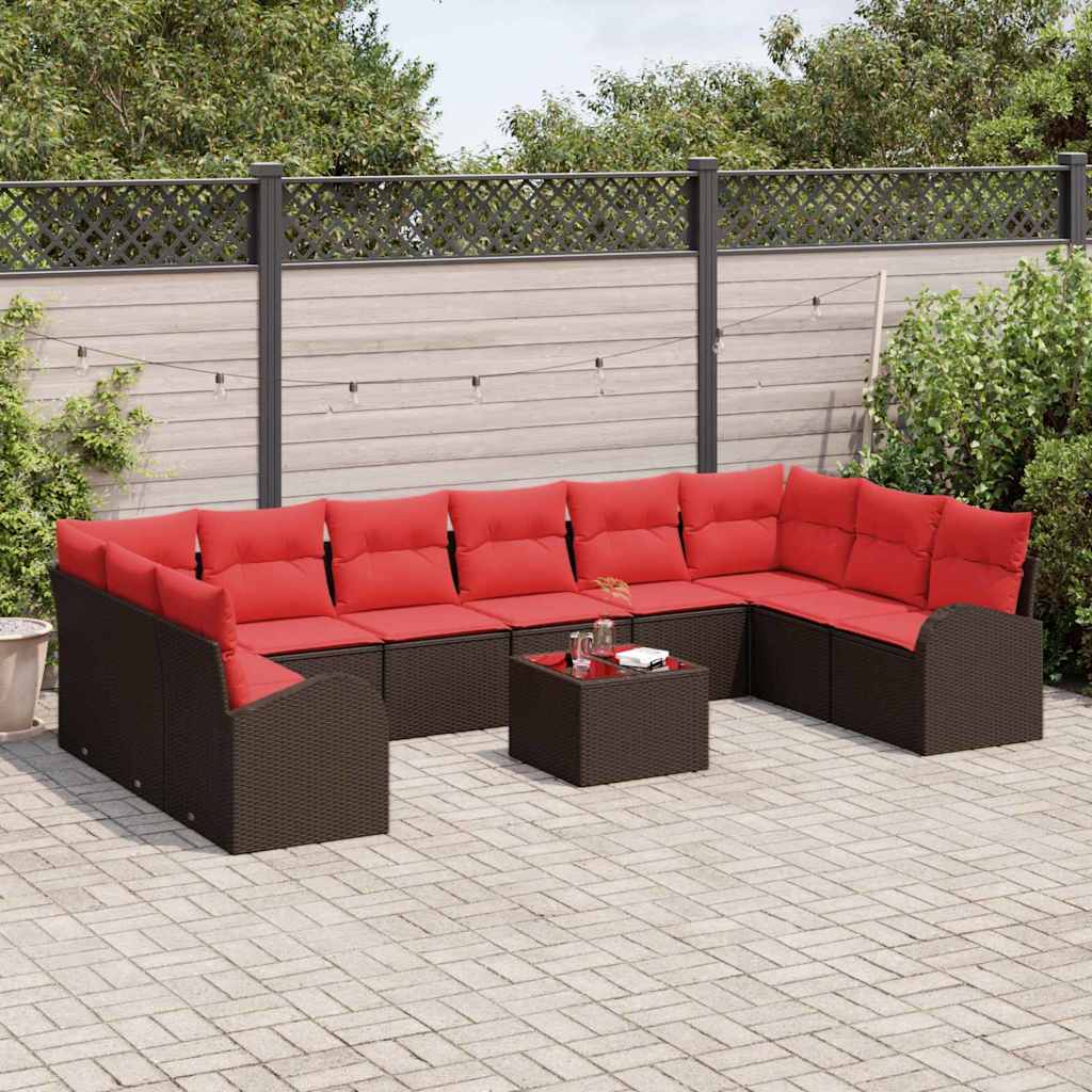Tuinbankenset 11 st Bruin en Rood poly rattan