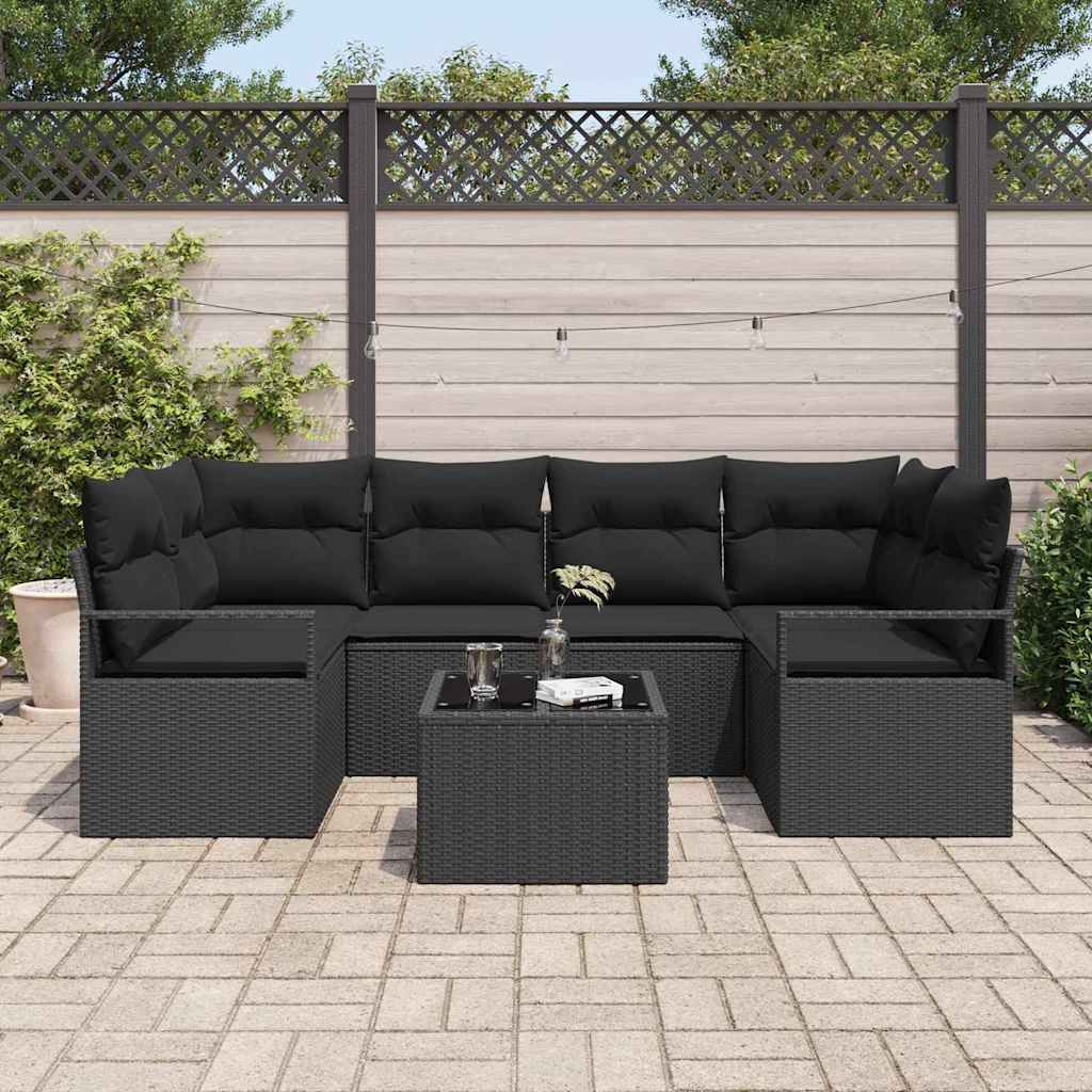Tuin Sofa Set 7 st 6-Aantal zitplaatsen Zwart poly rattan