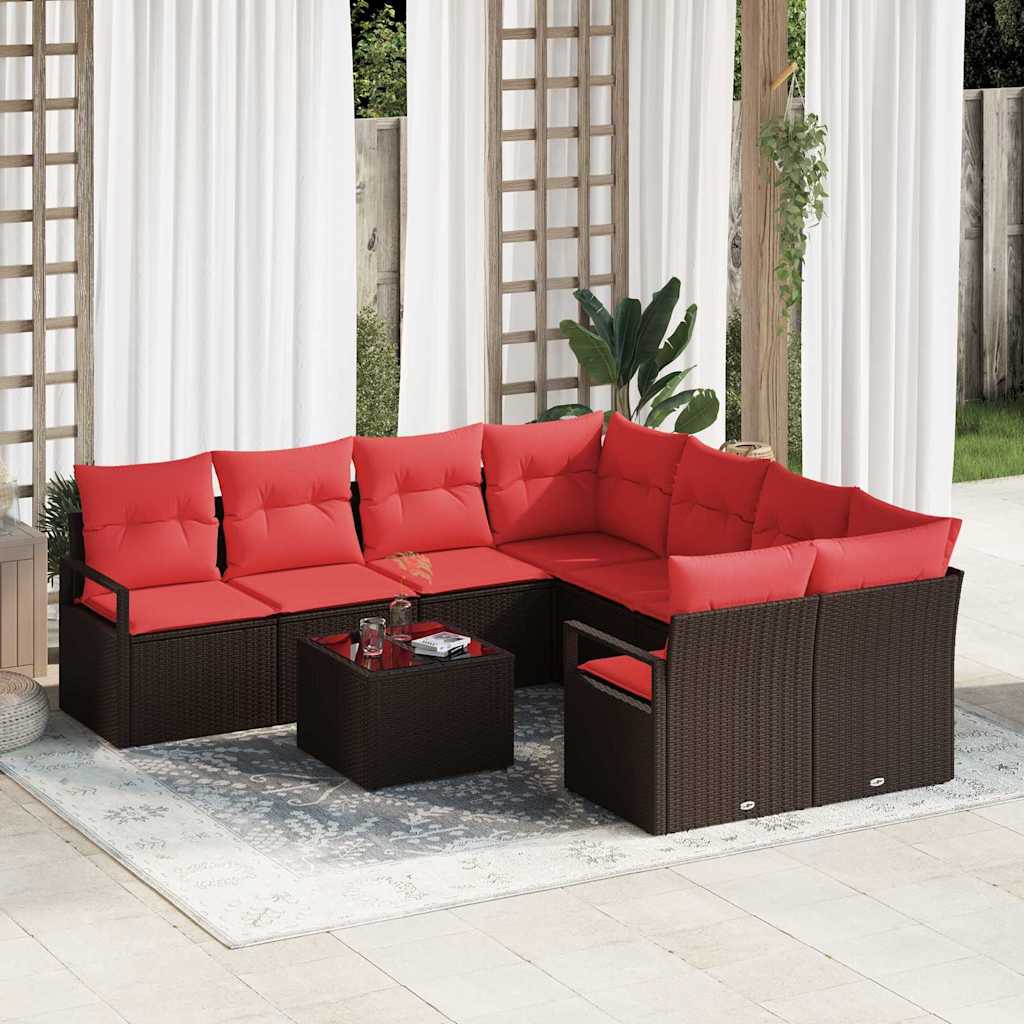 Bankstel 9 st 8-Aantal zitplaatsen Beige en Rood poly rattan