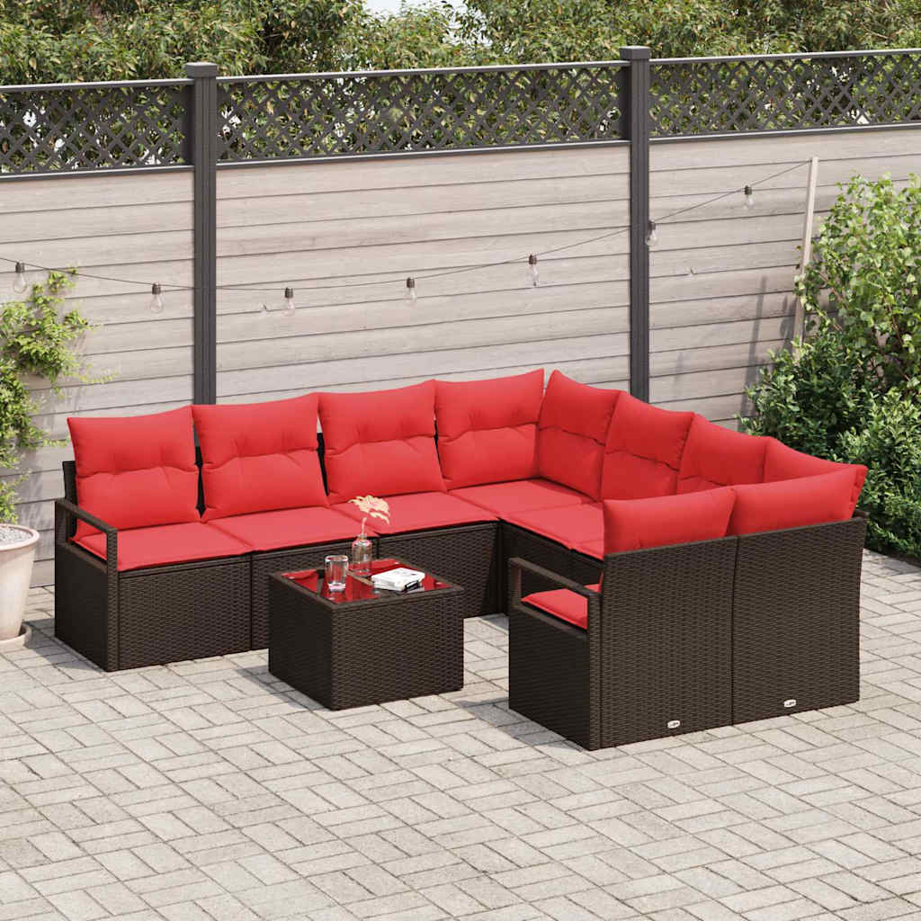 Bankstel 9 st 8-Aantal zitplaatsen Beige en Rood poly rattan