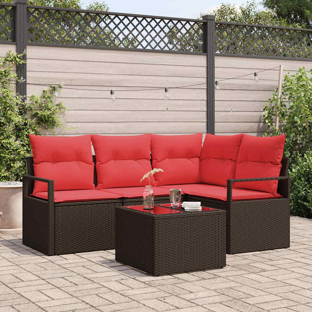 Tuinbankenset 5 st Bruin en Rood poly rattan