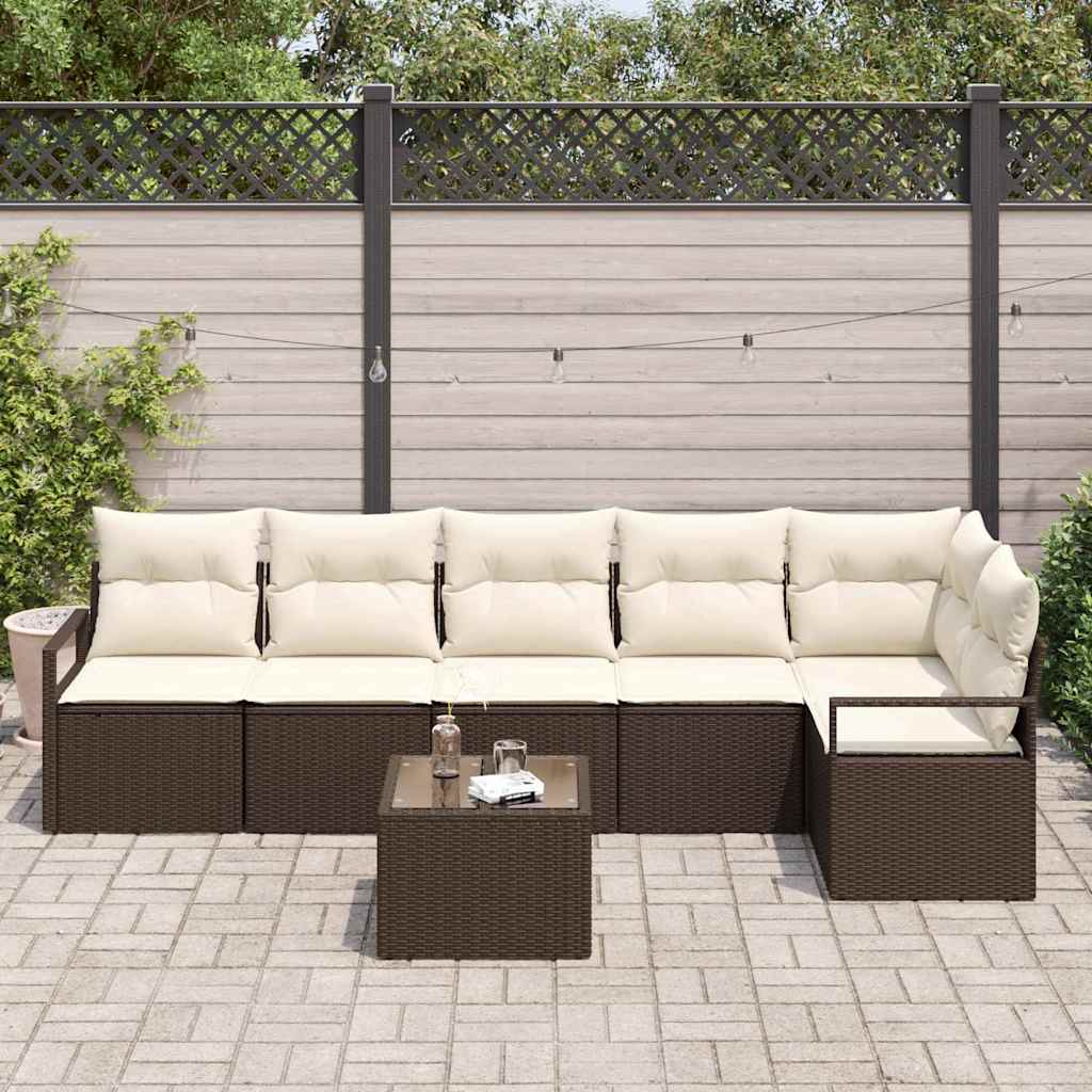 Tuinbankenset 7 st Bruin en Crème poly rattan