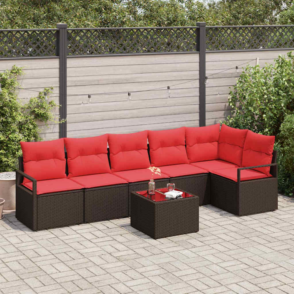 Tuinbankenset 7 st Bruin en Rood poly rattan