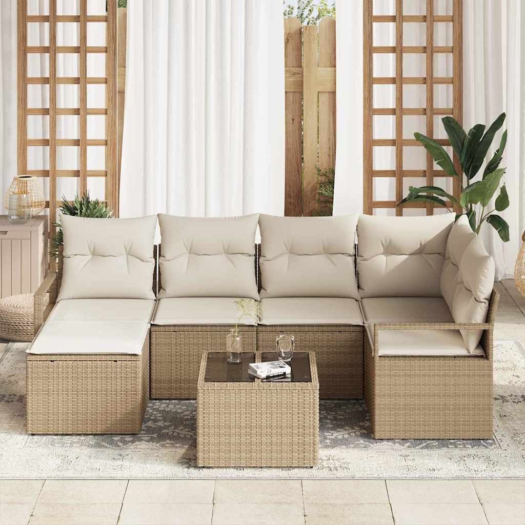 Bankstel 7 st Beige en Crème poly rattan
