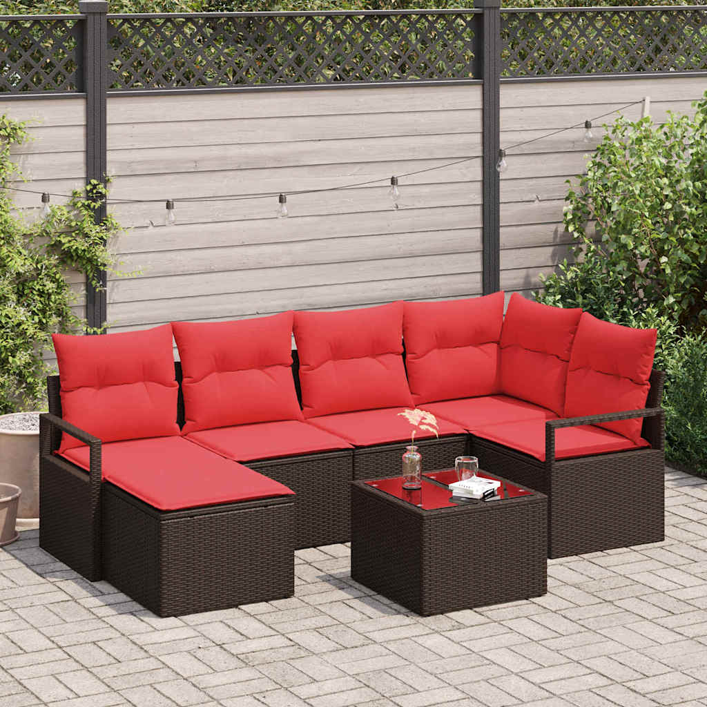 Bankstel 7 st Bruin en Rood poly rattan