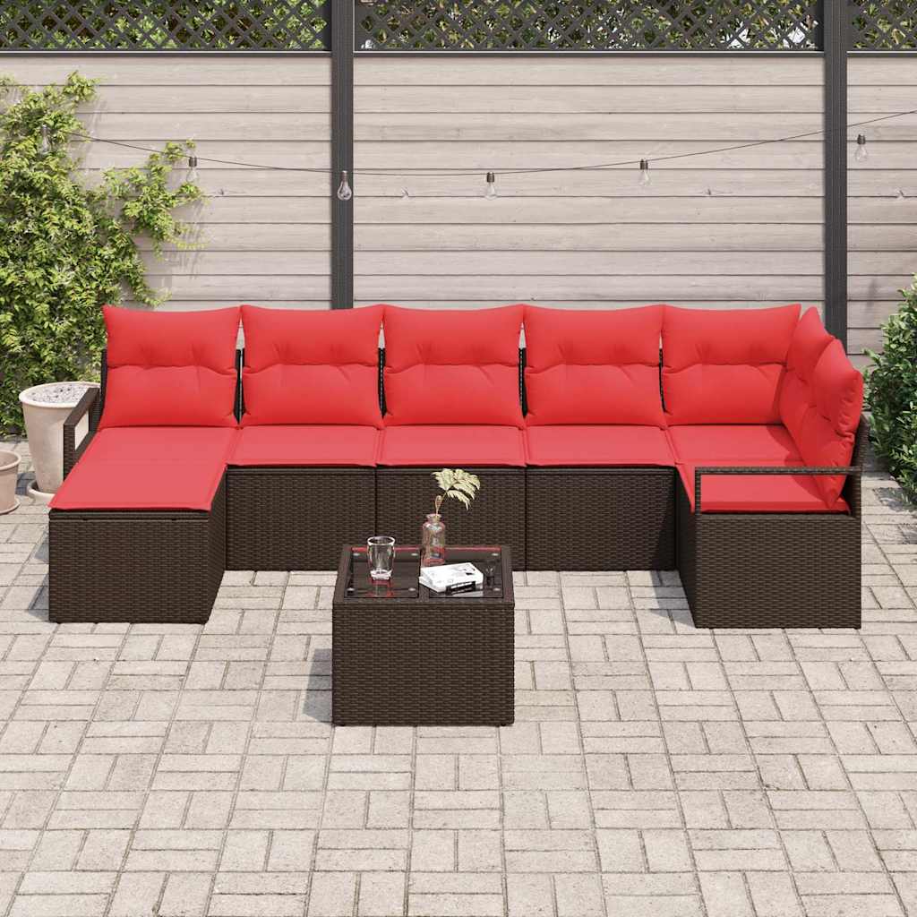 Bankstel 8 st Bruin en Rood poly rattan