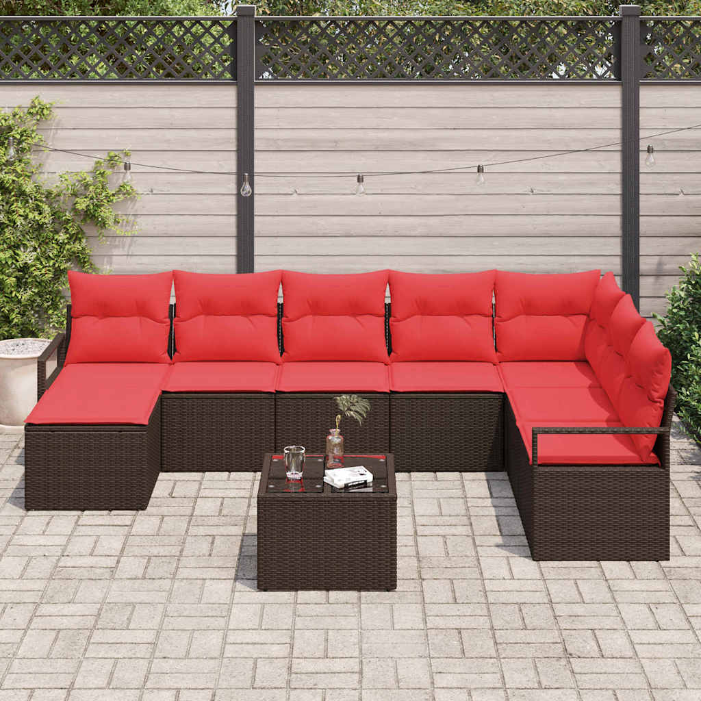 Bankstel 9 st Bruin en Rood poly rattan