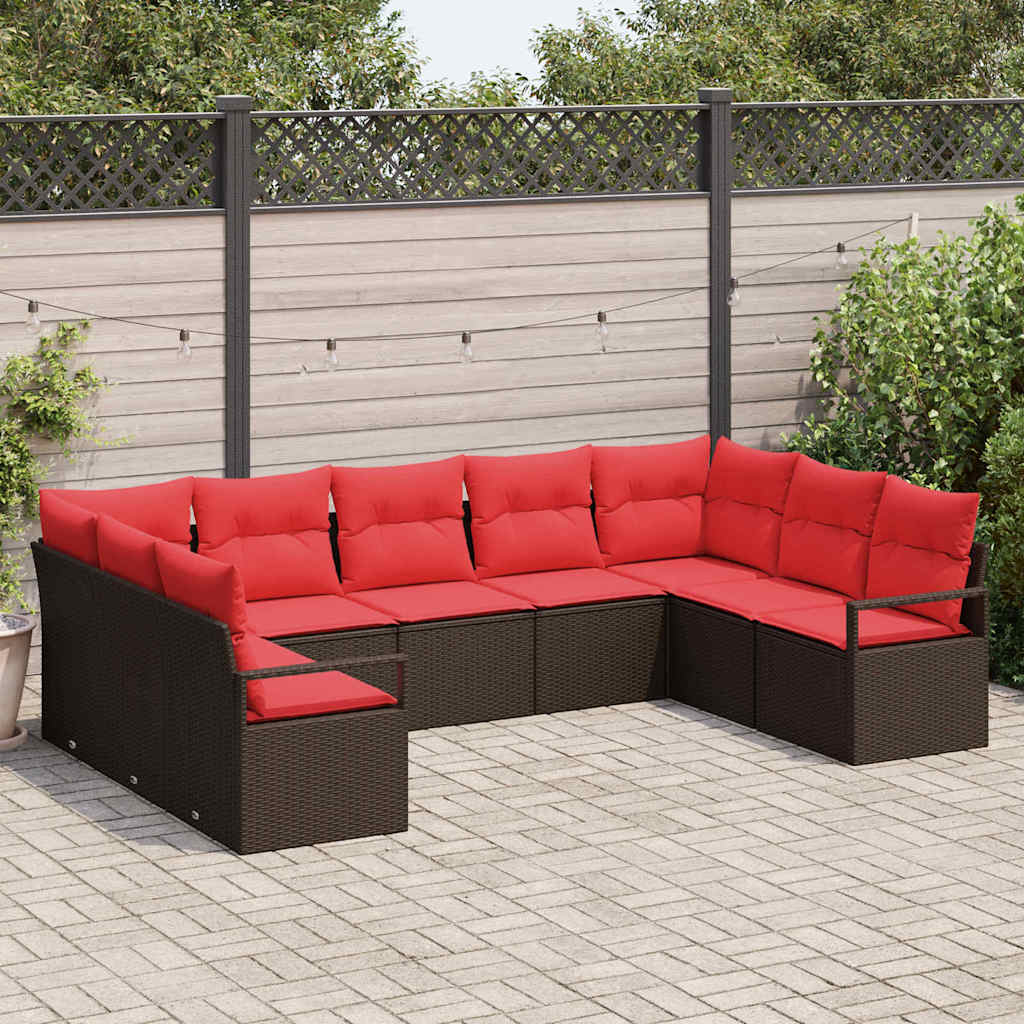 Tuinbankenset 9 st Bruin en Rood poly rattan
