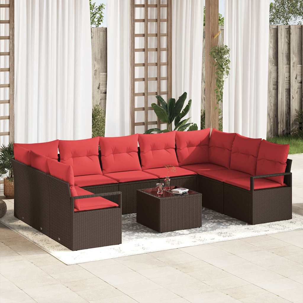Tuinbankenset 10 st Bruin en Rood poly rattan