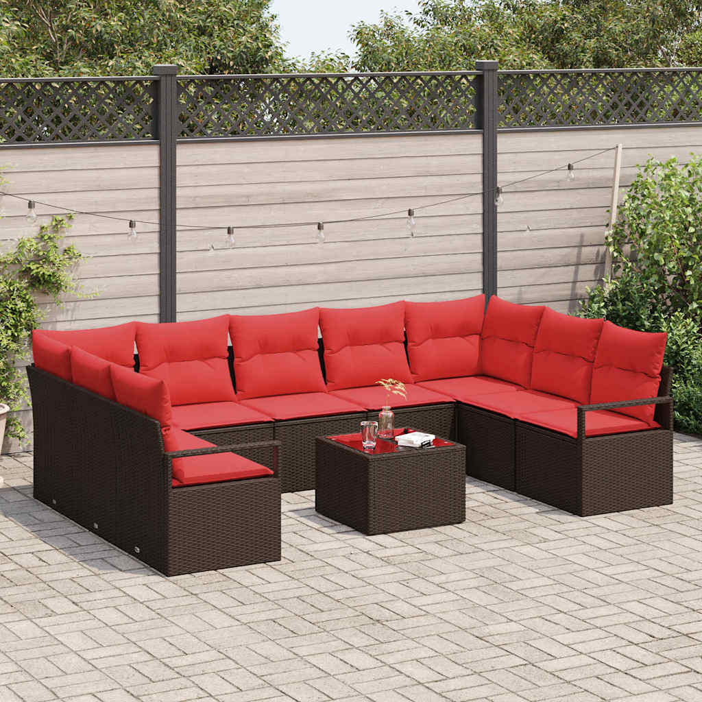 Tuinbankenset 10 st Bruin en Rood poly rattan