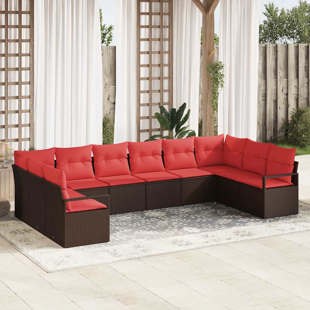 Tuinbankenset 10 st Bruin en Rood poly rattan
