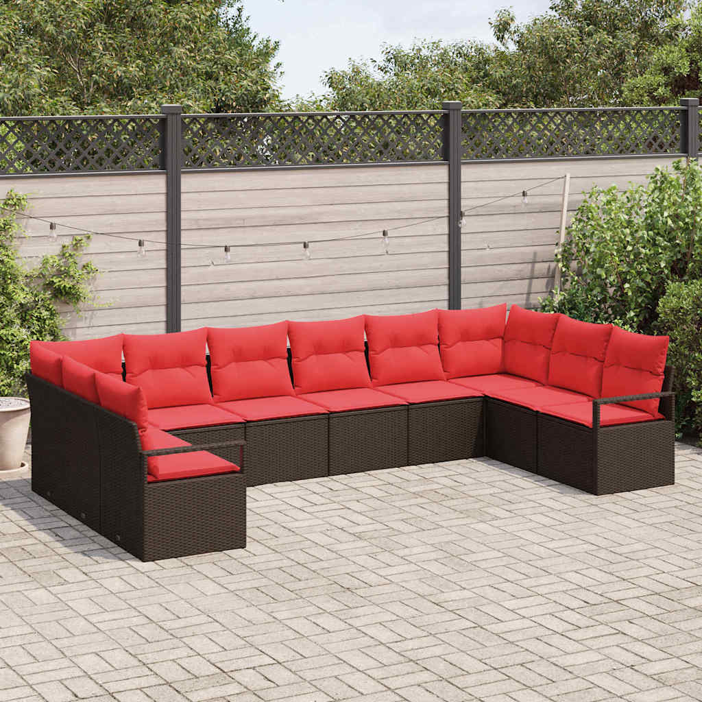 Tuinbankenset 10 st Bruin en Rood poly rattan