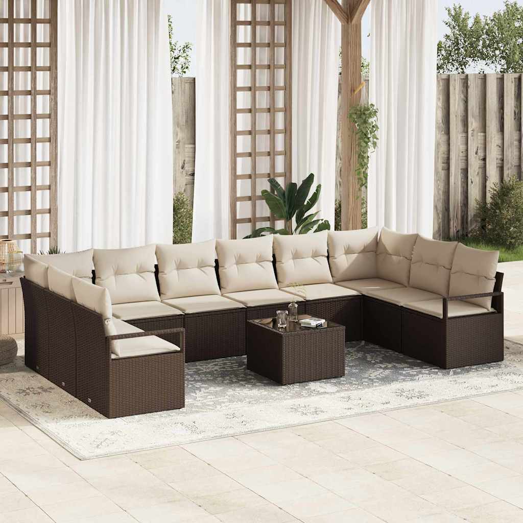 Tuinbankenset 11 st Bruin en Crème poly rattan