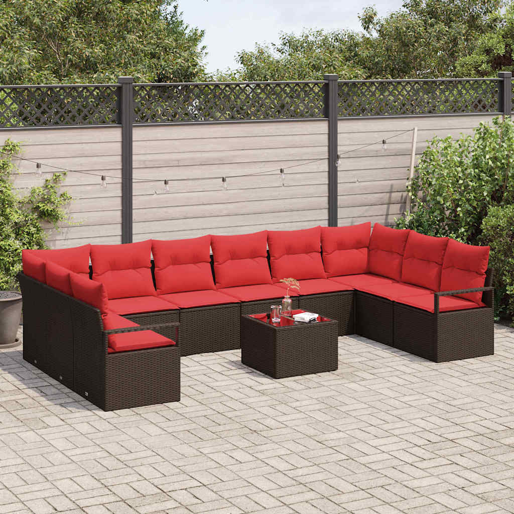 Tuinbankenset 11 st Bruin en Rood poly rattan