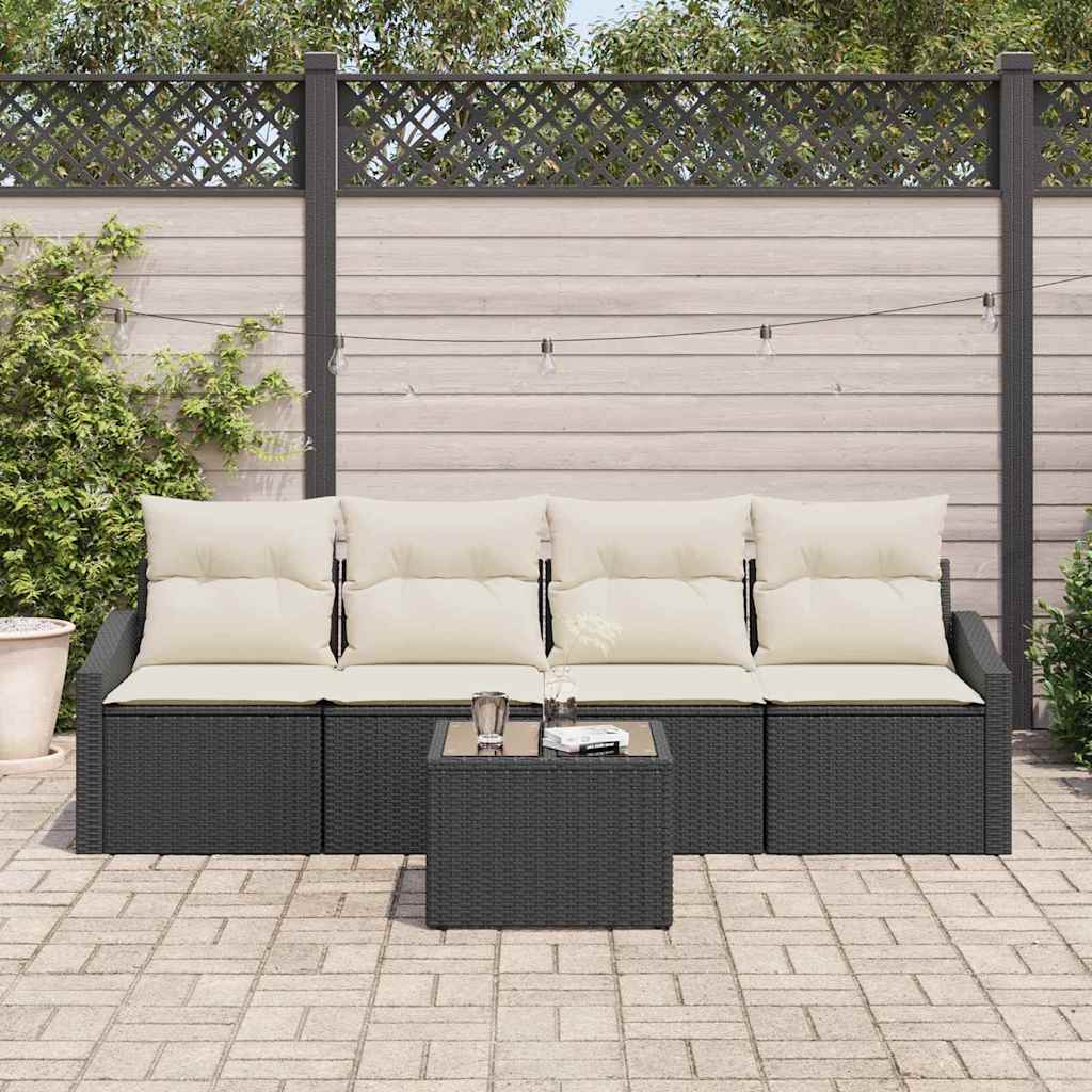 Bankstel 5 st Zwart en Crème poly rattan
