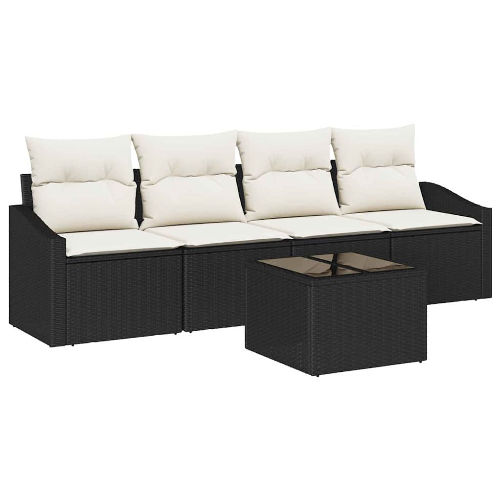 Bankstel 5 st Zwart en Crème poly rattan
