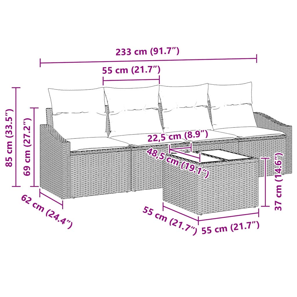 Bankstel 5 st Bruin en Crème poly rattan