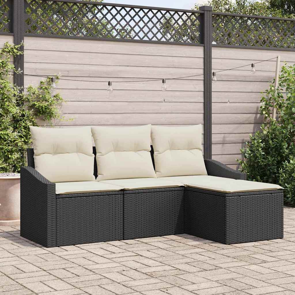 Bankstel 4 st Zwart en Crème poly rattan