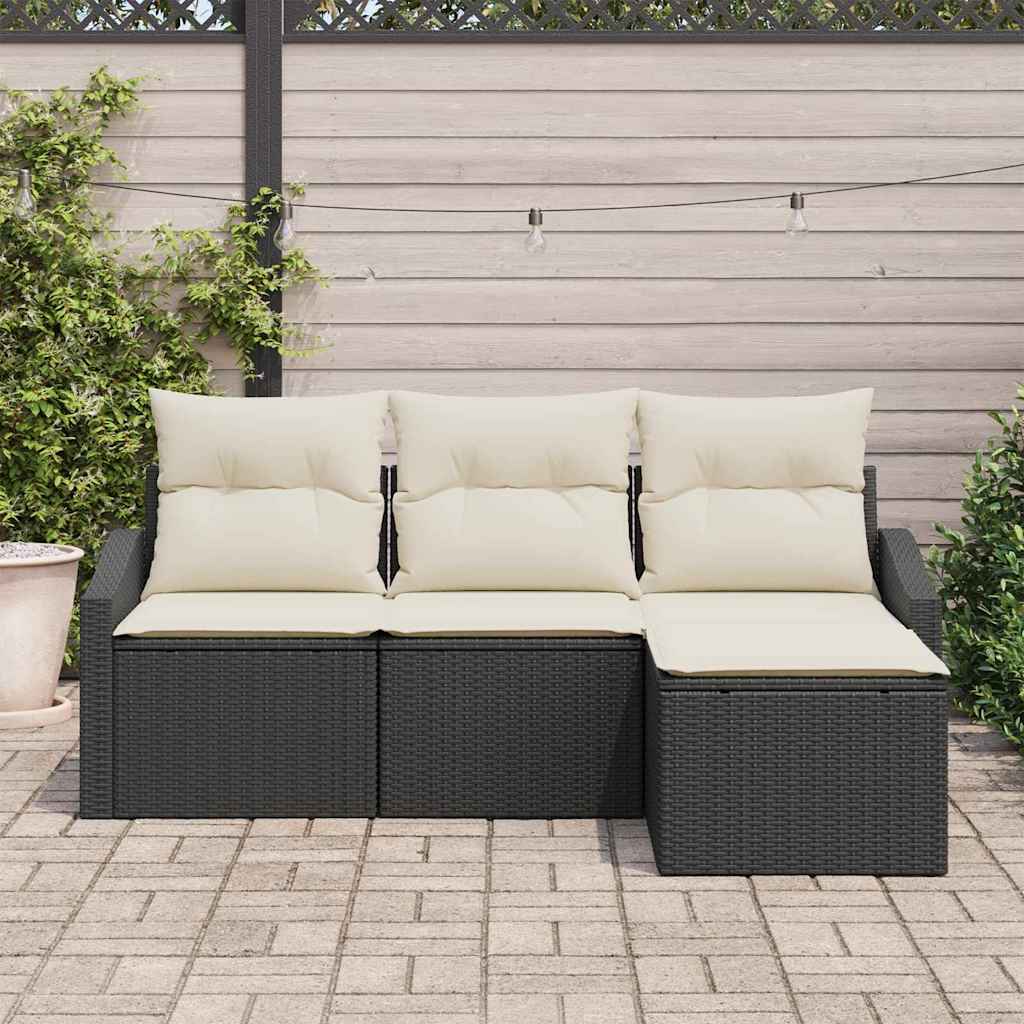 Bankstel 4 st Zwart en Crème poly rattan