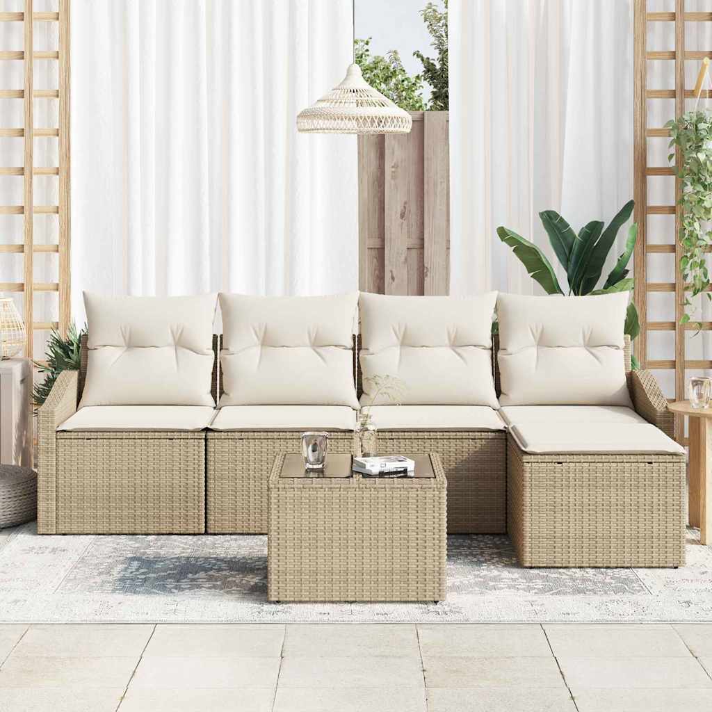 Bankstel met kussen met opslag 6 pcs Beige en Crème poly rattan