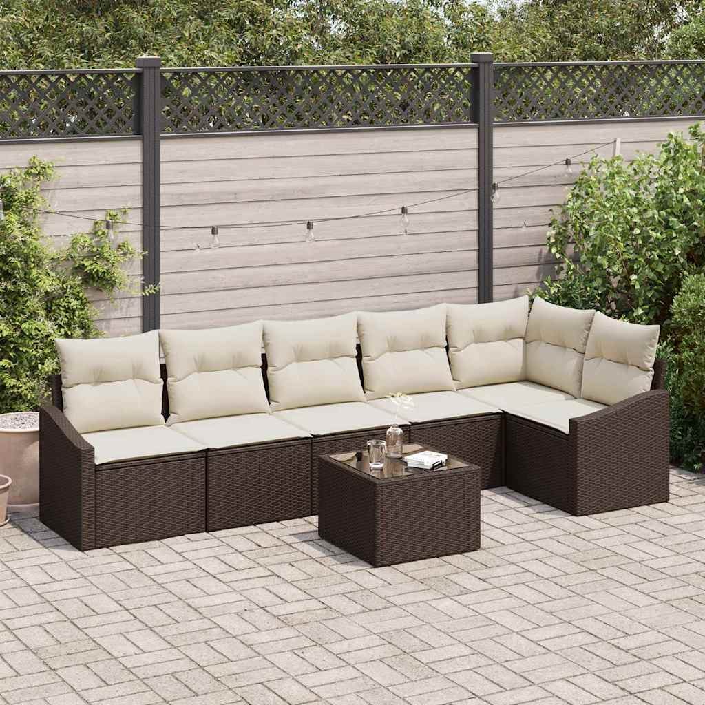 Tuinbankenset 7 st Bruin en Crème poly rattan