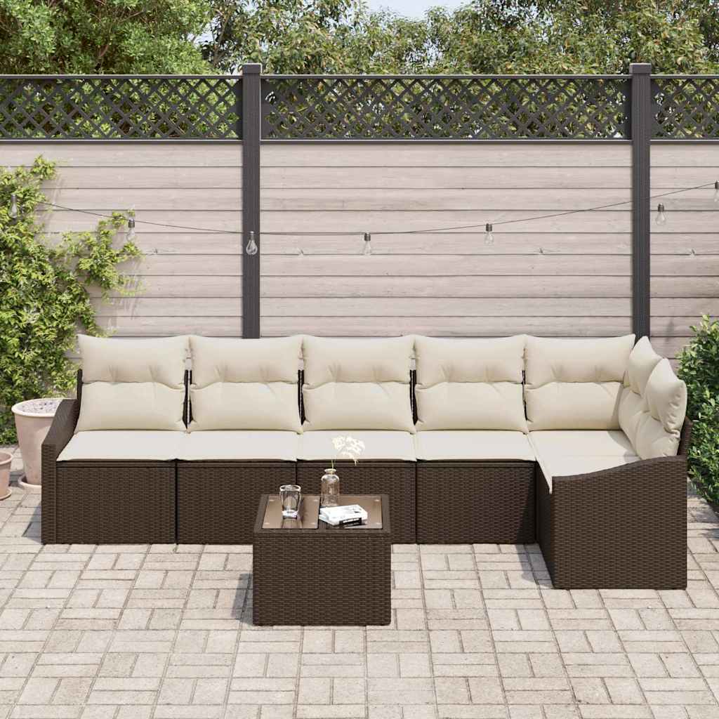 Tuinbankenset 7 st Bruin en Crème poly rattan