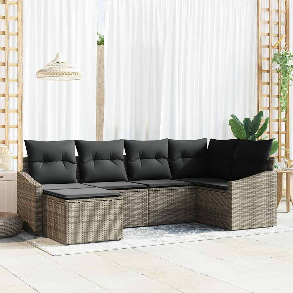 Tuin Eetset 6 st Grijs Poly Rattan en Poedergecoat Staal