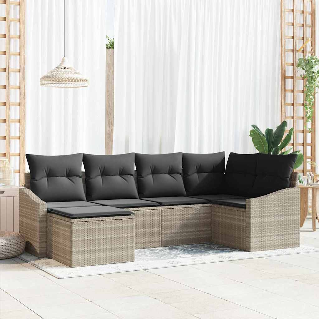Tuin Eetset 6 st Lichtgrijs Poly Rattan en Poedergecoat Staal