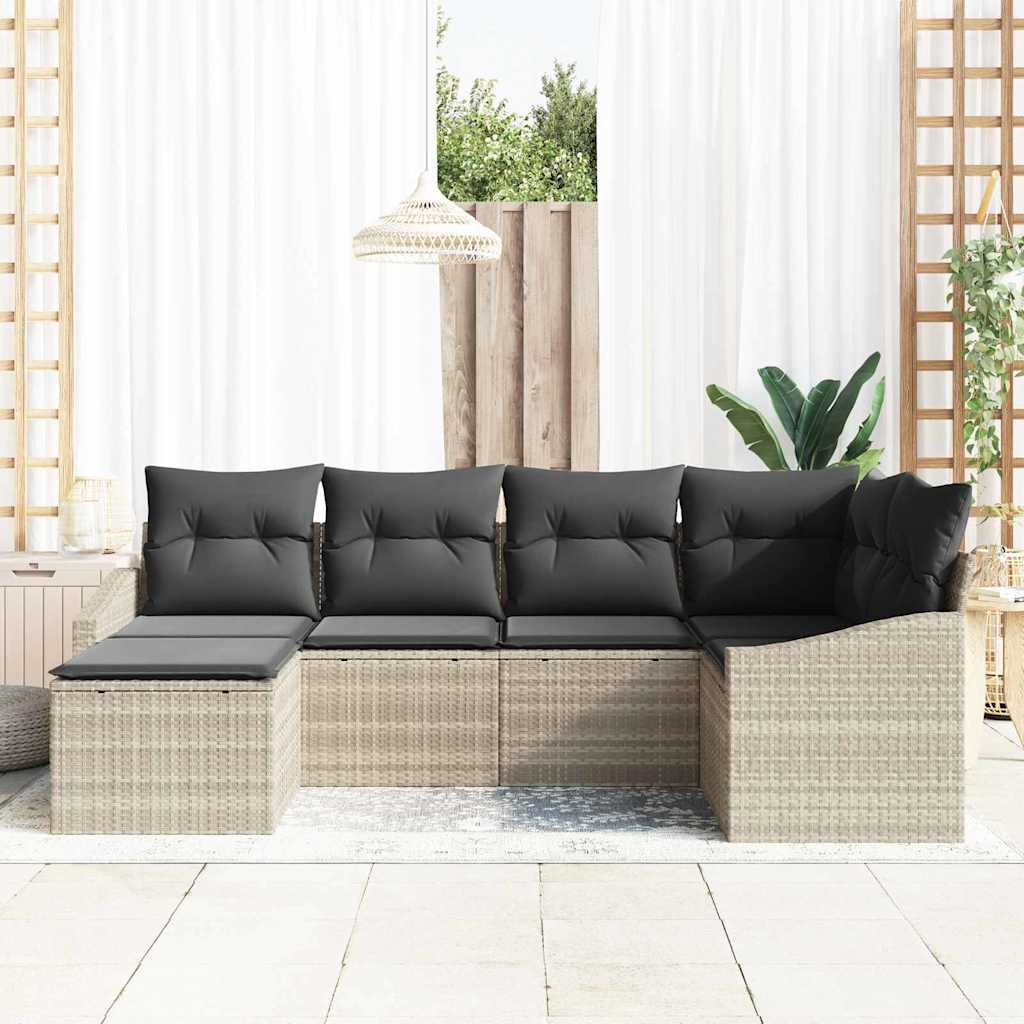 Tuin Eetset 6 st Lichtgrijs Poly Rattan en Poedergecoat Staal