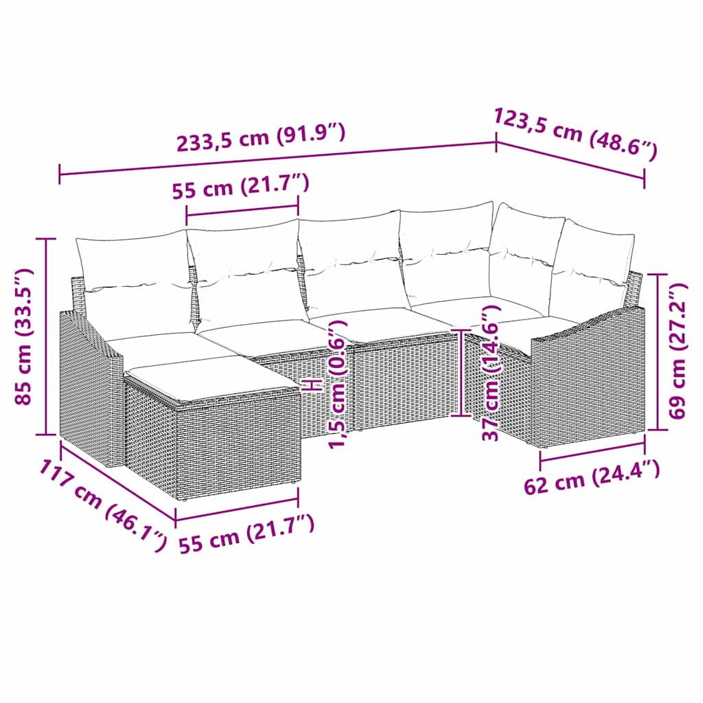 Tuin Eetset 6 st Lichtgrijs Poly Rattan en Poedergecoat Staal