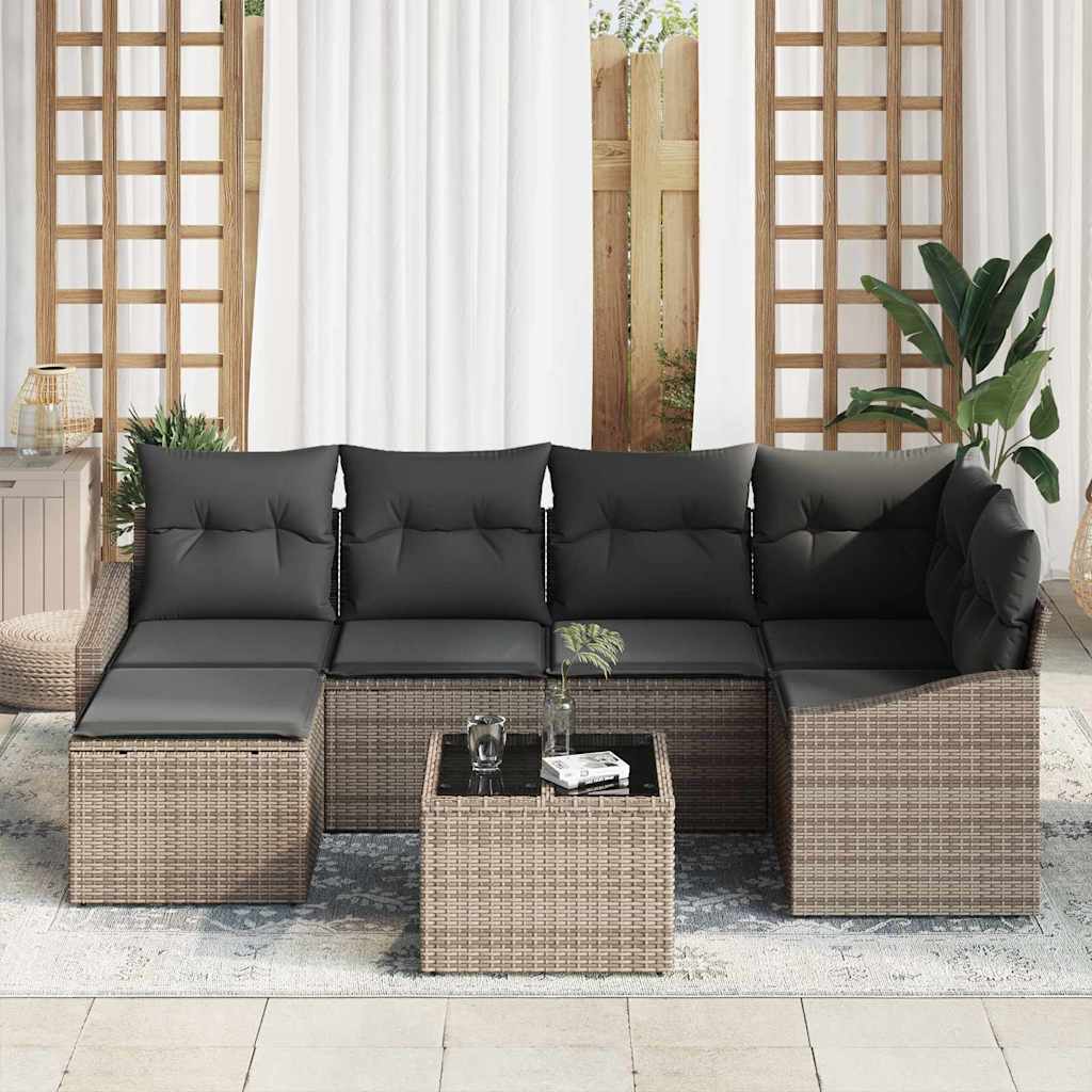 Tuin Eetset 7 st Lichtgrijs Poly Rattan en Poedergecoat Staal