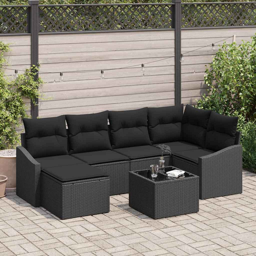 Tuin Eetset 7 st Zwart Poly Rattan en Poedergecoat Staal