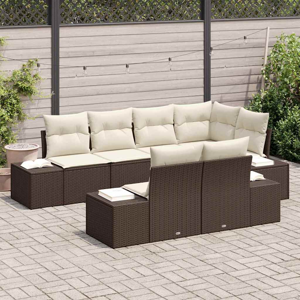 Tuinbankenset 7 st Bruin en Crème poly rattan