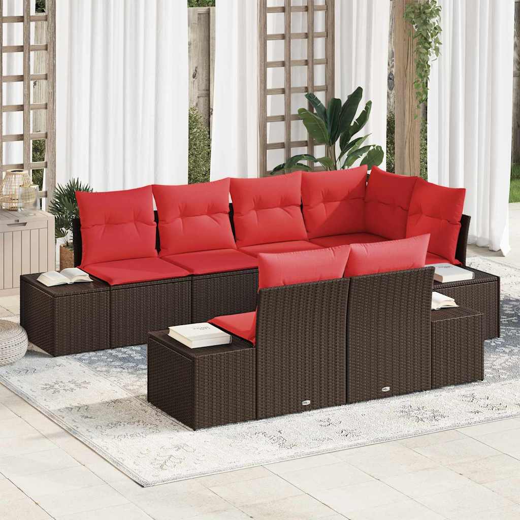 Tuinbankenset 7 st Bruin en Rood poly rattan