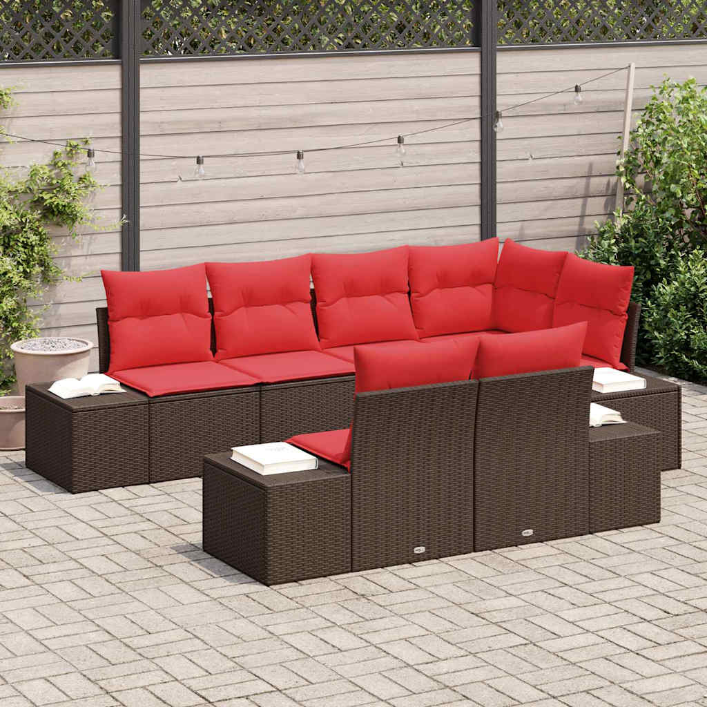 Tuinbankenset 7 st Bruin en Rood poly rattan