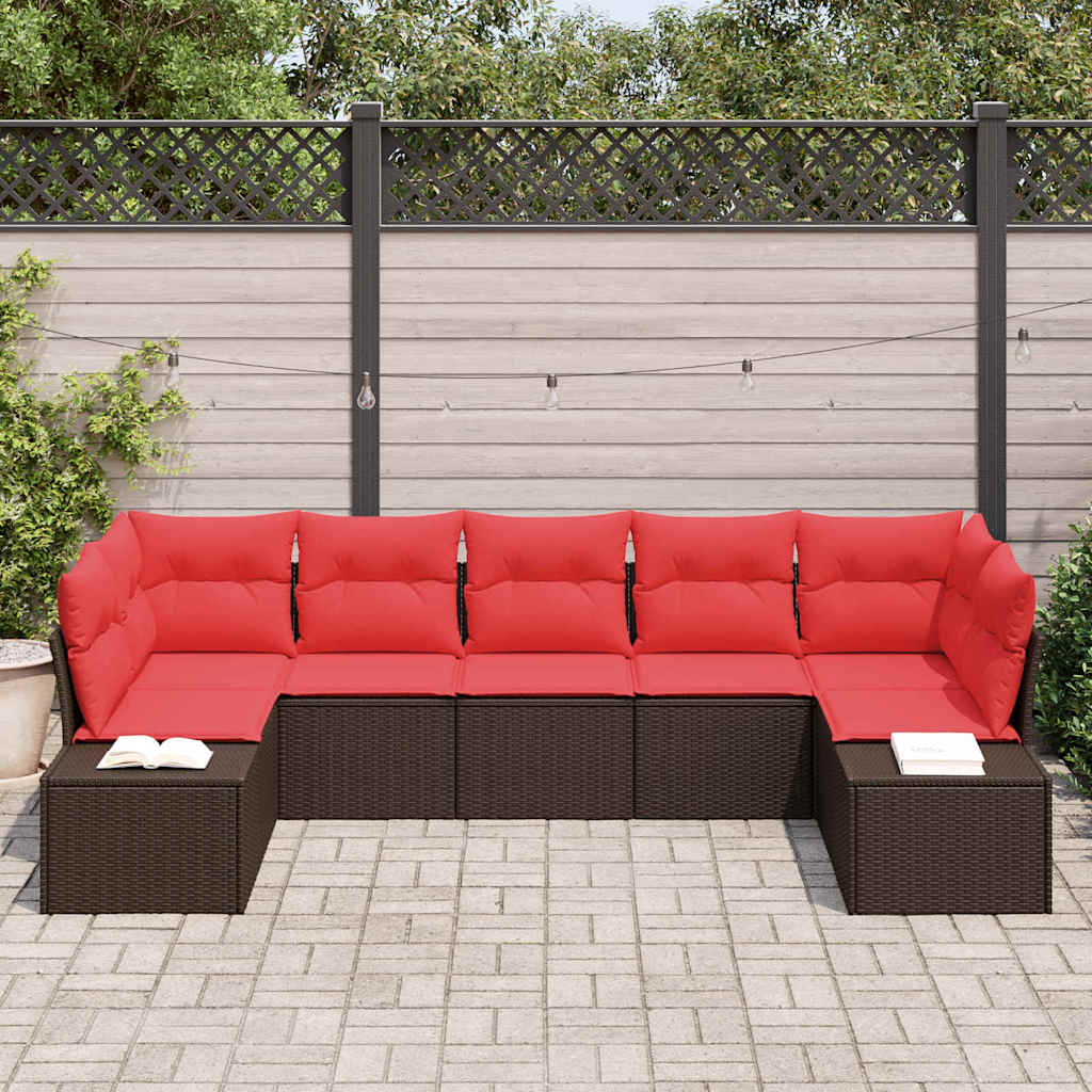 Tuinbankenset 7 st 7-Aantal zitplaatsen Bruin en Rood Poly riet