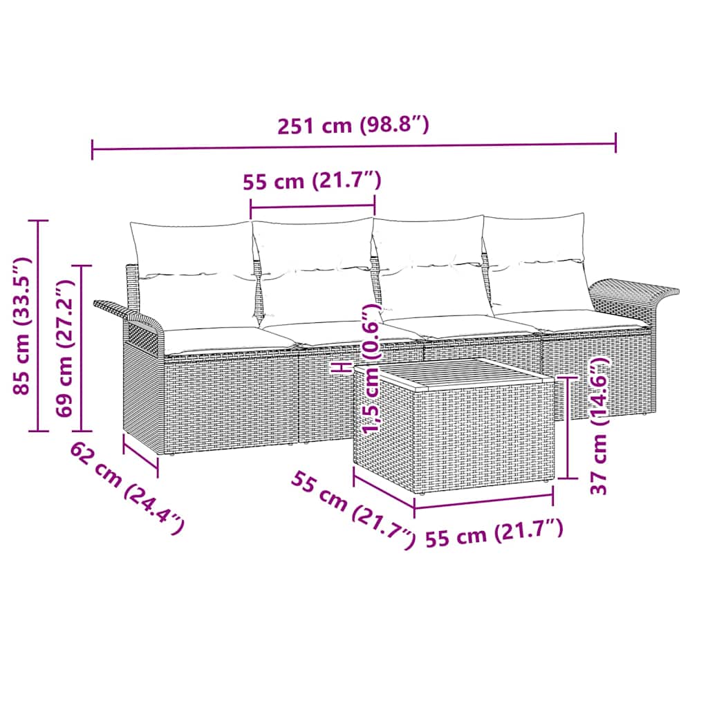 Tuinbankenset met opslag 5 pcs Beige en Crème poly rattan