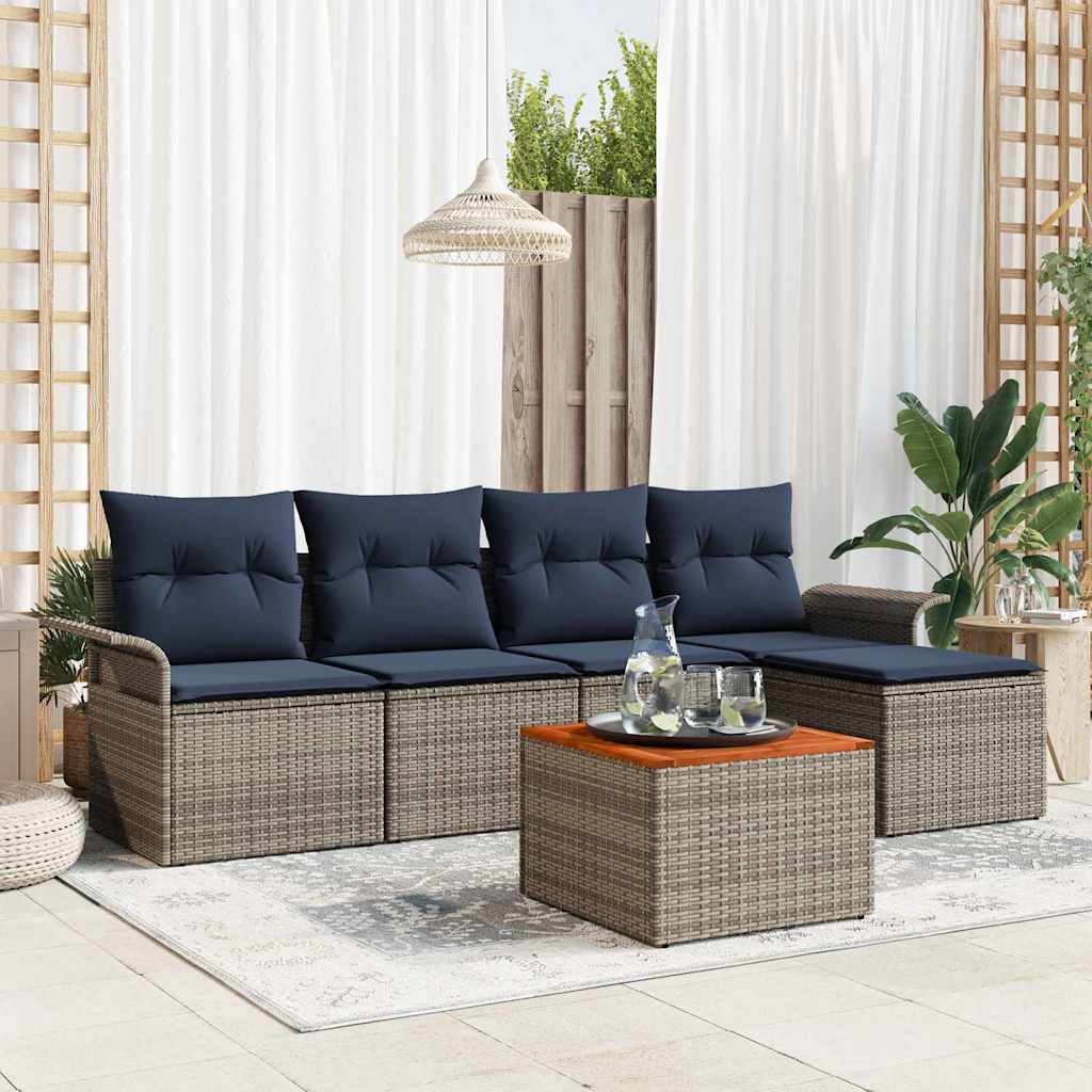 Tuinbankenset 6 st Grijs en Marineblauw poly rattan