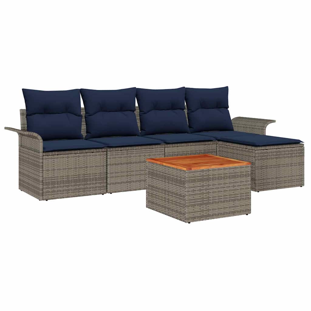 Tuinbankenset 6 st Grijs en Marineblauw poly rattan
