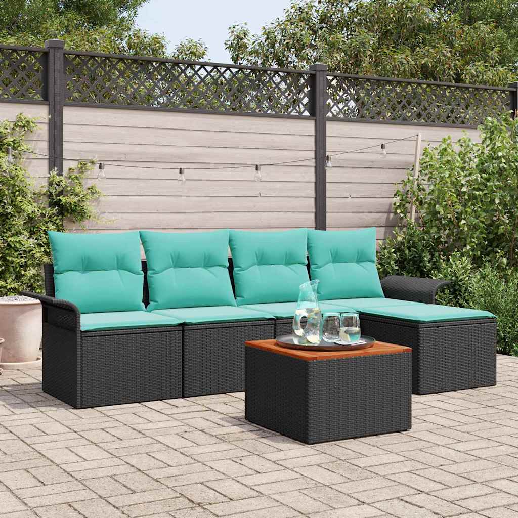 Tuinbankenset 6 st Zwart en Turquoise poly rattan