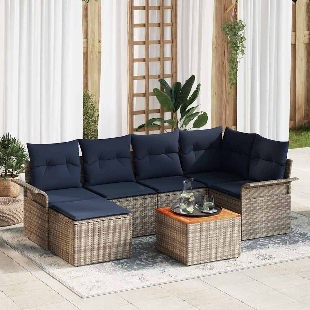 Tuinbankenset 7 st Grijs en Marineblauw poly rattan
