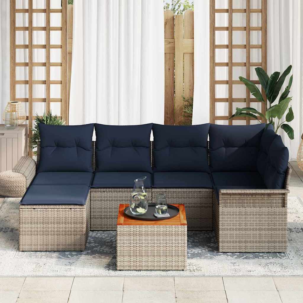 Tuinbankenset 7 st Grijs en Marineblauw poly rattan