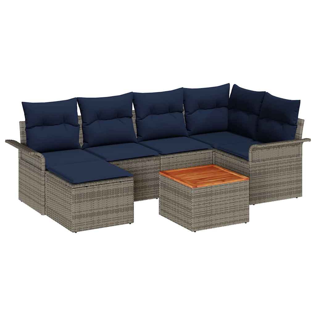 Tuinbankenset 7 st Grijs en Marineblauw poly rattan