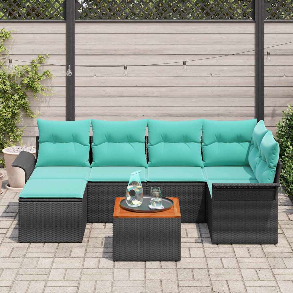 Tuinbankenset 7 st Zwart en Turquoise poly rattan