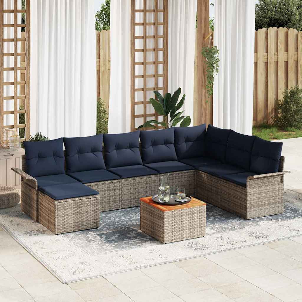 Tuinbankenset 9 st Grijs en Marineblauw poly rattan