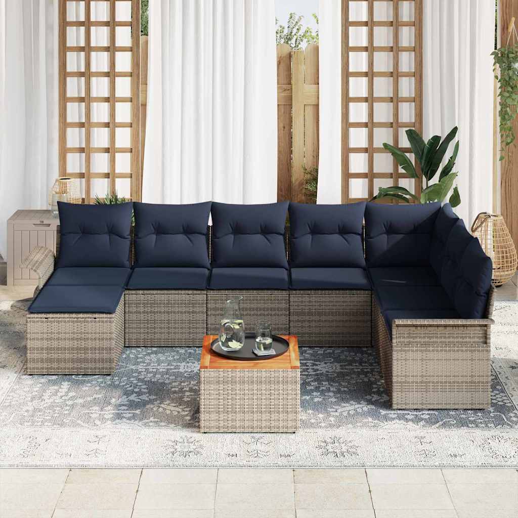 Tuinbankenset 9 st Grijs en Marineblauw poly rattan
