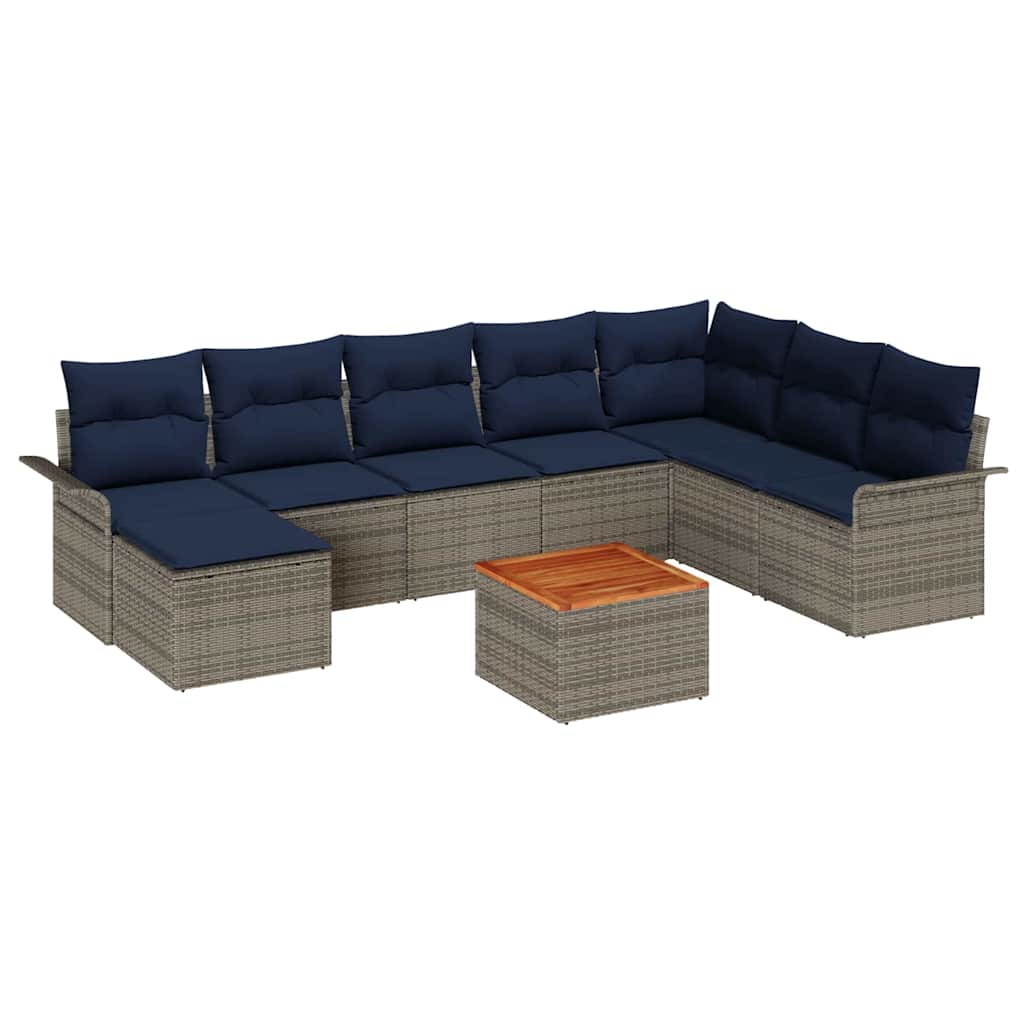 Tuinbankenset 9 st Grijs en Marineblauw poly rattan