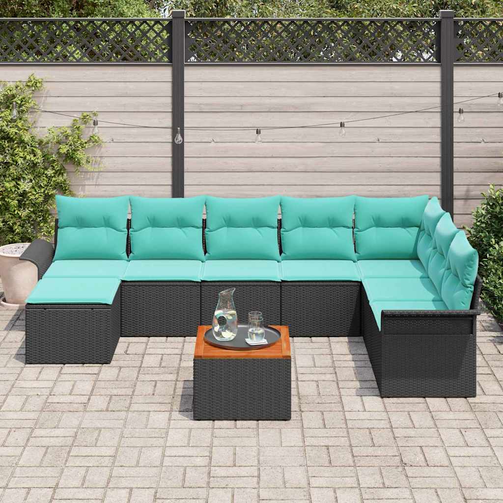 Tuinbankenset 9 st Zwart en Turquoise poly rattan