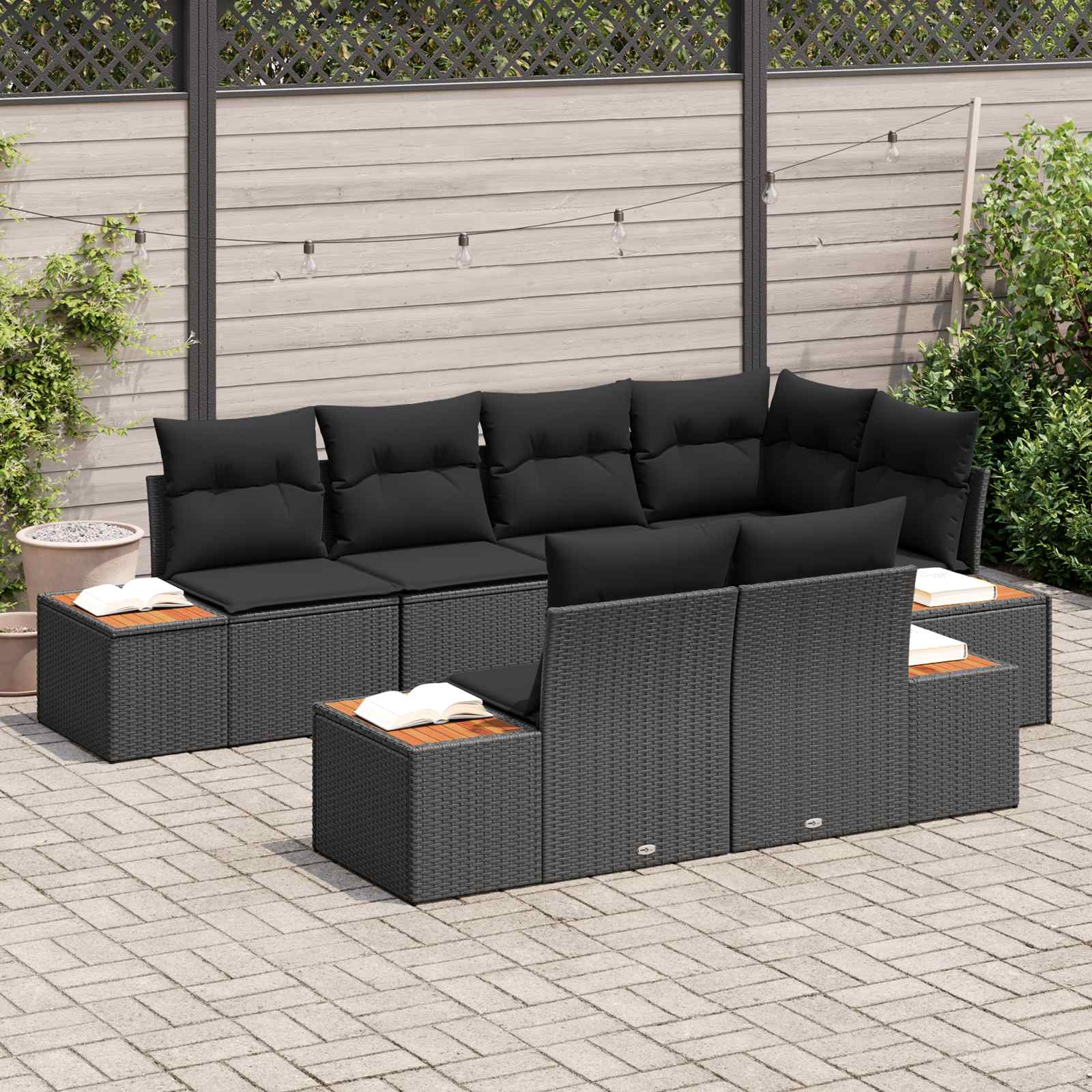 Tuinbankenset 7 st 7-Aantal zitplaatsen Zwart Polyrattan